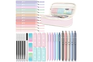 Four Candies 39 Forniture scolastiche con simpatiche scatole,12 evidenziatori pastello, 5 penne gel inchiostro nero, 6 matite meccaniche set da 0,5 e 0,7 mm per studenti di cancelleria