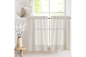 Vangao Natur Scheibengardine Leinen Bistrogardine Halb Transparent Privatsphäre Uni Gardine Sheer Vorhang Paarig Schals Fensterschal für kleine Fenster Küche Wohnzimmer Landhaus 65cm x 90cm 2er-Set