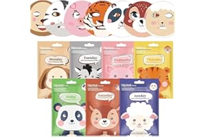 JAWUZ 7 Pièces Masque Tissu Visage,Masque Visage Enfant,Masque Hydratant Visage,Masque Visage Femme Avec Imprimé Animalier,Masques Pour Le Visage Convient Aux Filles Et Aux Femmes