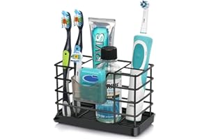 CHONLY Stainless Steel Toothbrush Holder, Detachable Drain Tray Electric Toothbrush Holder, Large Space Toothbrush Holders for Bathroom, Black Bathroom Organizers, 5 Slots Bathroom Counter Organizer