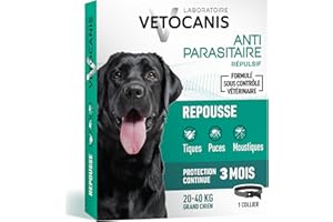 Vetocanis - Collier Répulsif Puces Tiques Moustiques - Protection 3 mois - Grand Chien 20 à 40 kg - Extraits Naturels Margosa et Lavandin