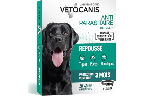 Vetocanis - Collier Répulsif Puces Tiques Moustiques - Protection 3 mois - Grand Chien 20 à 40 kg - Extraits Naturels Margosa et Lavandin
