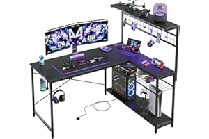 Bestier Escritorio en Forma de L de 106 cm con Enchufe Integrado, iluminación LED, Superficie de Fibra de Carbono y Amplio Espacio de Almacenamiento, Oficina en casa y Juegos