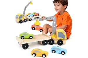 HERMORRYSS Camion Magnetico in Legno, Camion Trasporto Auto Legnos, Bisarca in Legno, Gioco Montessori con Rimorchio Staccabile e 4 Auto, Giocattolo Educativo e Creativo per Bambini 3+ Anni