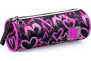 Julian Ross Astuccio Tombolino Per Bambina Cuori e Stelle – Portapenne Cilindro Scuola Nero e Fucsia – 21x8 cm – Chiusura Zip – Poliestere Resistente – Idea Regalo