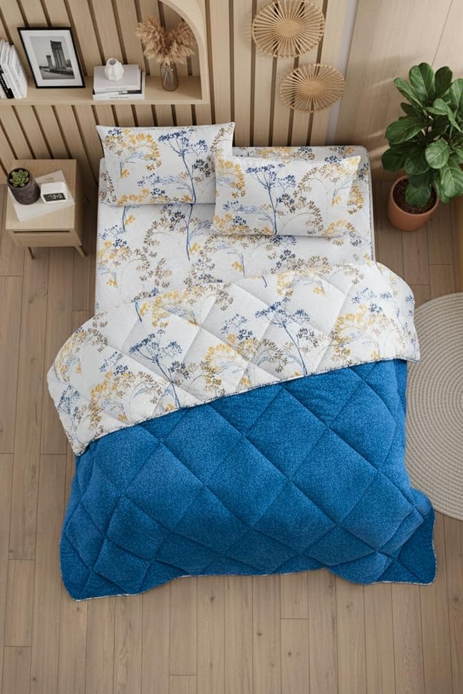 Nordelle Battal Boy Lüx Wellsoft Yorgan Çift Taraflı - 2 Adet Yastık Kılıflı Yorgan Seti 215x235 cm (Mavi-Sarı)