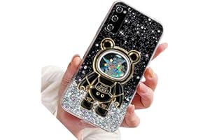 Rnrieyta Miagon Bär Astronaut Ständer Hülle Glitzer für Samsung Galaxy A71,Cute Mädchen Dünn Crystal Schutzhülle Treibsand Bling Transparent Case Bumper mit Astronaut Halter Kickständer,Schwarz