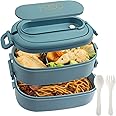 OITUGG 2 Layer Lunch Box - 1550ml Bento Box with Cutlery Set - 3 Compartments Lunch Box for Adults Men Women, BPA-Free, Microwave Safe, 19.2x11.5x12cm, Sky Blue