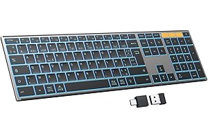 OMOTON Clavier sans Fil Métal, Bluetooth 2.4G Rétroéclairé Clavier, Rechargeable avec 2 Canaux Keyboard à Ciseaux AZERTY Français Ergonomique Silencieux pour PC/Mac/Windows (Noir)