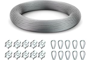 AICOYA Câble en Acier Inoxydable 304 de 2 mm x 50 m, Avec 10 Colliers de Serrage et 10 Anneaux en Forme de Cœur. Convient Pour Corde à Linge, Plantes Grimpantes et Suspensions par Câble