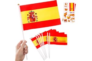 10 x Spanien handflagga miniflagga på pinne 2 tatueringar party dekoration