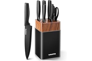 VINATO Couteau Cuisine, Set Couteau Cuisine 7 Pièces avec Bloc et Aiguiseur Intégré, Bloc à Couteaux avec 5 Couteaux Différents et 1 Paire de Ciseaux, Couteaux de Cuisine Tranchants 6 Pièces, Noir
