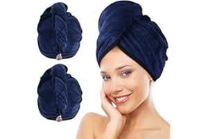 KinHwa Microfibre Séche Serviette Cheveux Enrouler Turban Soin Cheveux Serviette Bain Séchage Rapide Tordu pour Les Cheveux Mouillées 30x70cm 2pcs Bleu Marin