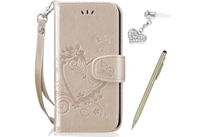 IKASUS Kompatibel mit Huawei P20 Lite Hülle,Huawei P20 Lite Schutzhülle,Prägung Liebes Herz Schmetterlings Blumen PU Lederhülle Flip Hülle Handyhülle Tasche Wallet Case Schutzhülle für Huawei P20 Lite,Gold