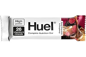 Huel Complete Nutrition Bar, 12 x 55g Bars, Dark Chocolate Raspberry, High Protein Bar, Plant-Based Protein Bars, Low Sugar, High Fibre, High-Protein Snack with Vegan Chocolate, Under 210 Calories