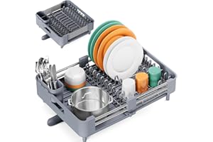 KINGRACK Escurreplatos, Escurridor de Platos Extensible, Escurreplatos Acero Inoxidable con Portacubiertos Extraíble, Escurridor de Platos para Fregadero Ajustable con caño de Drenaje, Gris