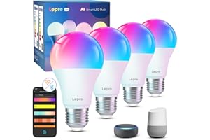 Lepro B1 IA Ampoule Connectée, Concepteur d'Éclairage IA Personnalisé, WiFi Ampoule E27 LED RGB+CCT 2700K-6500K, Compatible avec Alexa/Google Assistant, La Synchronisation avec La Musique, 4 pcs