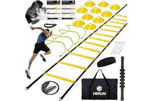 HERUAI Set di Attrezzature per Allenamento di velocità di agilità, Scala da 6 m, 4 Ostacoli, 10 Coni di velocità, Paracadute da Corsa, Calcio, Basket, Calcio, Attrezzatura per Allenamento per Bambini
