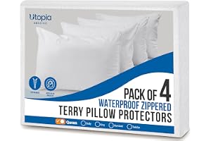 Utopia Bedding Set om 4 vattentäta kuddfodral med dragkedja, queen-storlek, frottéöverdrag, skyddar mot vägglöss och dammkval
