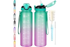 CodiCile 1L Water Bottle with Straw,Water Bottle Dishwasher Safe,Leak-proof Sports Drinks Bottle with Time Maker & Bottle Brush,Non-Toxic for Running,cycling, Gym, School & Office,Green Purple
