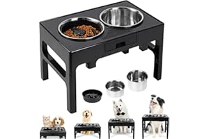 AISHNA Elevated Dog Bowls, Stainless Steel Raised Dog Bowl with Adjustable Stand, Double Dog Food and Water Bowl for Medium Large Dogs or Cat, 4 Heights 4.13”, 7.76”, 11.22” 14.76” (big black)