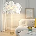 ANram Feather Floor Lamp - Natural Ostrich Feather Decor, Golden Body, 3-Color Dimmable LED