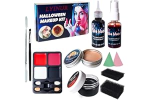 LYINUR Halloween Special Effects Make Up Kit, Fake Blood Spray Dripping Coagulated Blood, Scar Wax Face Paint SFX Makeup Set with Scraper Sponges Brush for Halloween Zombie Vampire Cosplay