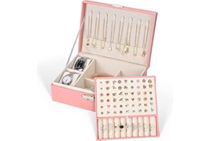 CORYIN Jewellery Box Organiser for Women Girls Lockable Jewelry Storage Case PU Leather Jewelry Box 2 Layer Jewellery Case Jewellery Boxes Holder for Ring Earring Necklace Watch Bracelet, Pink
