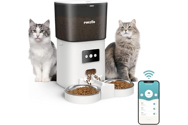 PWEZON Intelligent WiFi dubbel foderautomat för två katter, automatisk kattmatare med 2 skålar i rostfritt stål, 6 l torrfode