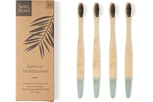 Wild & Stone | Spazzolino da denti in bambù biologico | Quattro modelli diversi | Setole in fibra Dupont | Manico biodegradabile al 100% | Spazzolini da denti in bambù vegani ed ecologici (Medio)