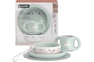Suavinex, Vajilla Infantil de Aprendizaje para Bebés +6 Meses, Irrompible, Apta Para Lavavajillas y Microondas. Incluye: Taza + Plato + Bol + Mantel Antideslizante + Cuchara. Blanco Verde
