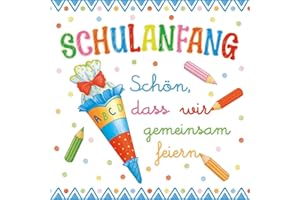‎SERVIETTENSHOP 20 Servietten Einschulung Junge blau pastell als Tischdeko Deko Schuleinführung Schule mit Zuckertüte und ABC. Deko Schulanfang Jungen Schulkind 2025 mit Spruch 33x33cm