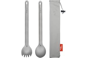 TiTo Titanium Cuillère et Fourchette à Long Manche Ultra Léger et Portable Titane Spork Cuillère Couverts avec Sac pour Camping Randonnée Pique-Nique Ustensiles Cuisine