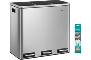 SONGMICS Poubelle Cuisine, 3 x 18L, Poubelle de Tri, 3 Compartiments, Déchets, Compost, Couvercles à Fermeture en Douceur, Pédales, Seaux Intérieurs, Acier, Argent Métallique et Noir d'Encre LTB54NL