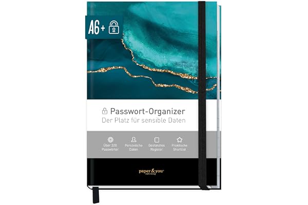 paper&you® Livre de mots de passe A6+ avec onglet A-Z "Shiny Teal" pour 320 données d'accès, gestionnaire de mots de passe petit format - durable & respectueux du climat