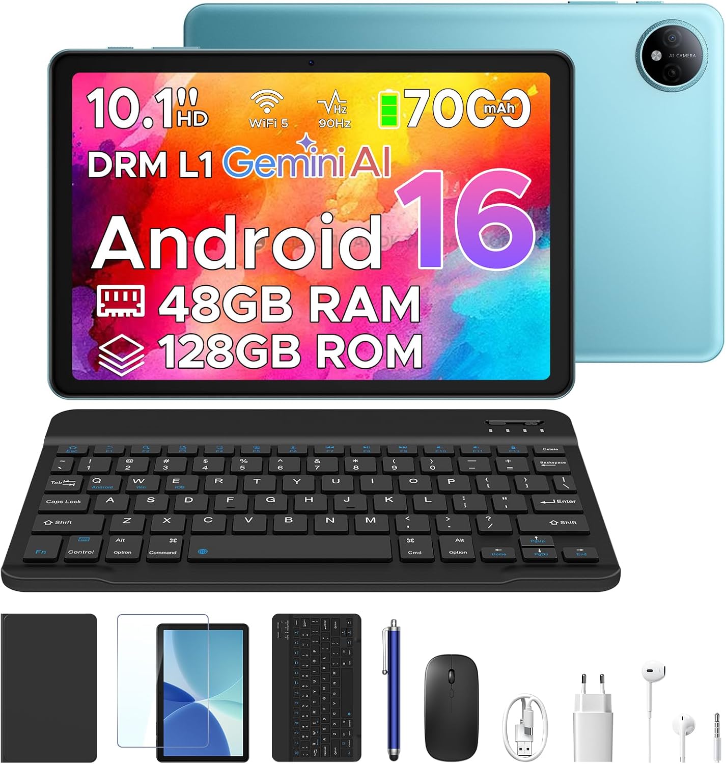 POPUX P10 Tablets Android, Tablet 10 Pulgadas, Tablet Android 16 con Gemini AI, 48GB RAM+128GB ROM, T310 CPU, 7000mAh, 8MP+5MP, 90Hz, Widevine L1, Bluetooth 5.0, Tablet con Teclado, Azul