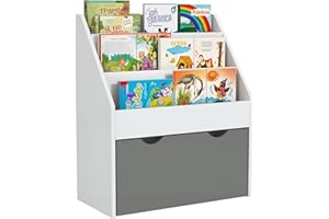 AIYAPLAY Libreria per Bambini 3-8 Anni a 3 Ripiani con Cassetto Inferiore, Scaffale Portagiochi in Legno MDF, 62.5x30x70 cm, Bianco e Grigio