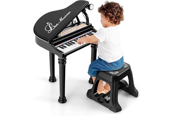 DREAMADE Clavier 31 Touches, Jouet Piano pour Enfants avec Tabouret, Instrument de Musique Mini Piano à Queue avec Microphone, Enseignement Guidé par La Lumière (Noir 31 Touches)