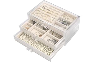 ROKRIST Jewellery Schmuckkästchen aus Acryl mit 3 Schubladen, Samt Schmuckkasten, Schmuckschatulle Mädchen, Schmuck Organizer Ohrringe, Ringe, Halsketten, Armbänder, Vitrine, Geschenk für Frauen, Beige