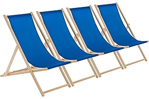 Harbour Housewares Folding Wooden Deck Chairs – Blue – Pack of 4 – Adults Traditional Foldable Reclining Outdoor Canvas Sun Lounger Chair Seat for Garden Patio, Beach, Camping