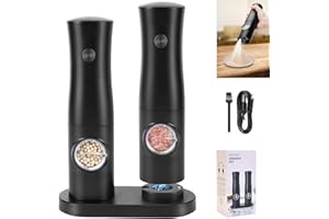WADEO Salz- und Pfeffermühlen Set Elektrisch mit Basis, Dual Salz und Pfeffermühle mit LED-Licht und Einstellbarer Grobheit, Wiederaufladbare Gewürzmühle mit Keramikmahlwerk-Guter Helfer für Küche