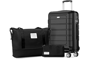 SHOWKOO Valise Rigide Cabine 55cm Légère PC+ABS Durable Petite Valise Soute 23kg Trolley Voyage avec Trousse de Toilette et Sacs de Voyage, Noir