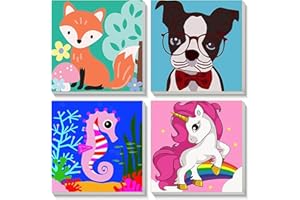 Wenfdrtr 4 Stück Tiere Malen Nach Zahlen Kinder-DIY Malen Nach Zahlen für Kinder Ab 5 6 7 8 9 10 Jahre mit Rahmen,Handgemalt Ölgemälde Kit Kreative Geschenke Home Haus Deko(20x20 cm)