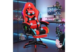 ALFORDSON LED Silla Gaming, Silla Gamer con Masaje de 8 Puntos, Silla de Ordenador Ergonómico con Iluminación RGB con Soporte Lumbar y Reposacabezas, Altura Ajustable, Cuero sintético, Rojo
