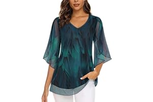 Syphiby Womens Overlap Ruffle Sleeve V Neck Elastic Mesh Blouse Loose Flowy Tunic Tops