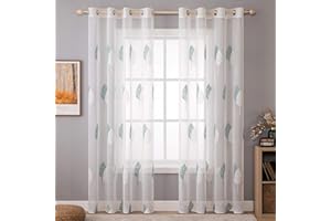 MIULEE Tende per Interni Moderne 2 Pezzi 140x260 CM, Voile Tenda Finestra Interno Salotto, Tenda Trasparente con Ricami a Foglie Bianche e Teal, Fantasia Tende Camera da Letto Soggiorno Occhielli