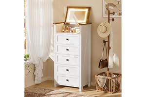 BROTTAR Tall Chest of Drawers Bedroom with Mirror and LED Lights, Dressing Table with 5 Drawers, Adjustable brightness, Dresser Drawers with Metal Handles and Runners, Large Storage, White