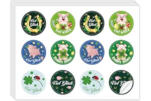 RHSEMI 108pcs Aufkleber Glücksbringer Silvester, Viel Glück Kleeblatt Glücksbringer Geschenketiketten, Glücksschwein Silvester Aufkleber, Ø 4 cm, Papier