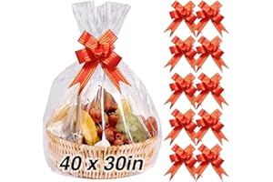AOBETAK Sacchetti in cellophane trasparente per cesti con fiocco, 10 extra large cellophane sacchetti e 10 nastro per regali, cesti di Natale, arte e artigianato, indumenti per bambole, 100 x 70 cm