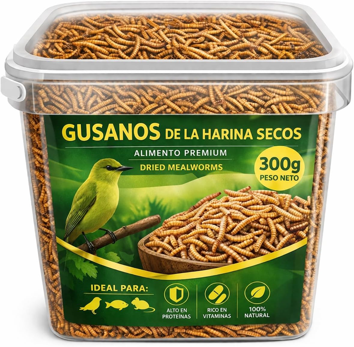 AF® Gusanos de la Harina Deshidratados 300g, 2,5L Tenebrios Molitor Natural para Reptiles, Erizos y Gusanos para Pájaros, Snack Alto en Proteína 52%, Comida para Vencejos 100% Natural